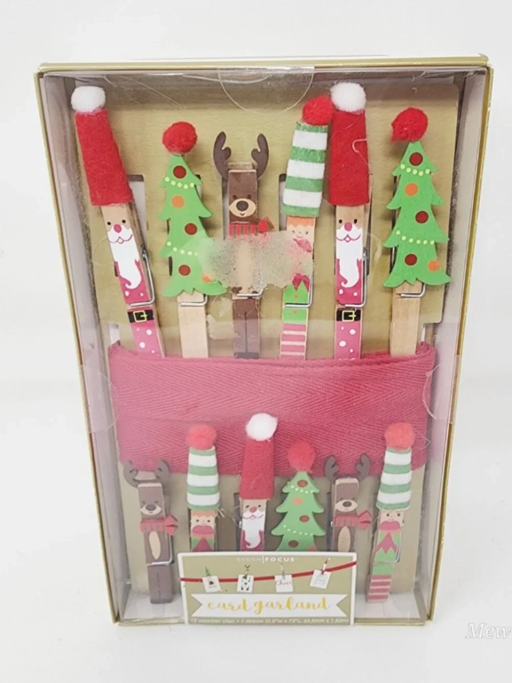 Card Garland 12 Wooded Christmas Pegs Clips and 1 Ribbon (2.5